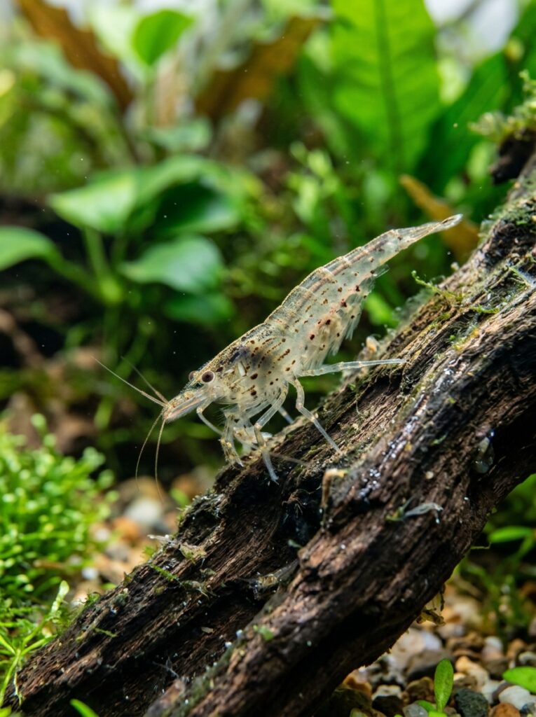 Amano shrimp exploring driftwood in a planted aquarium