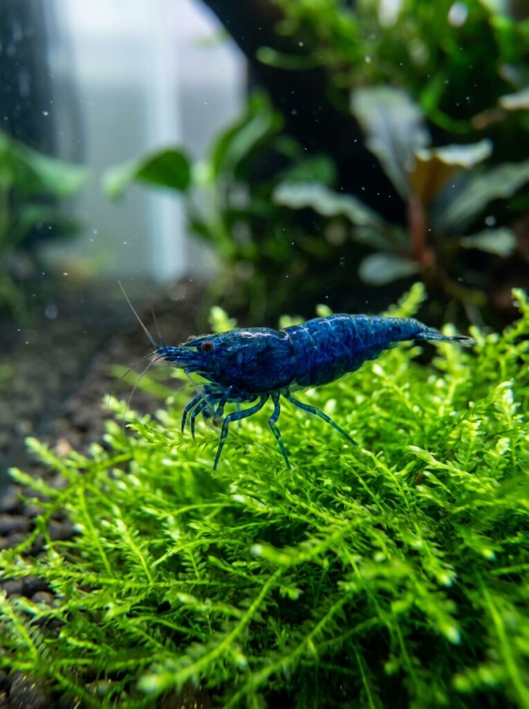 Blue Dream shrimp displaying vibrant blue coloration in a planted tank