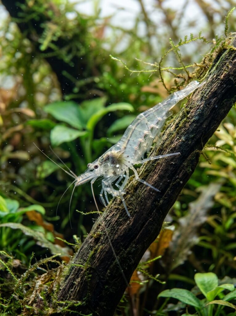Transparent ghost shrimp perched on driftwood in a nano aquarium