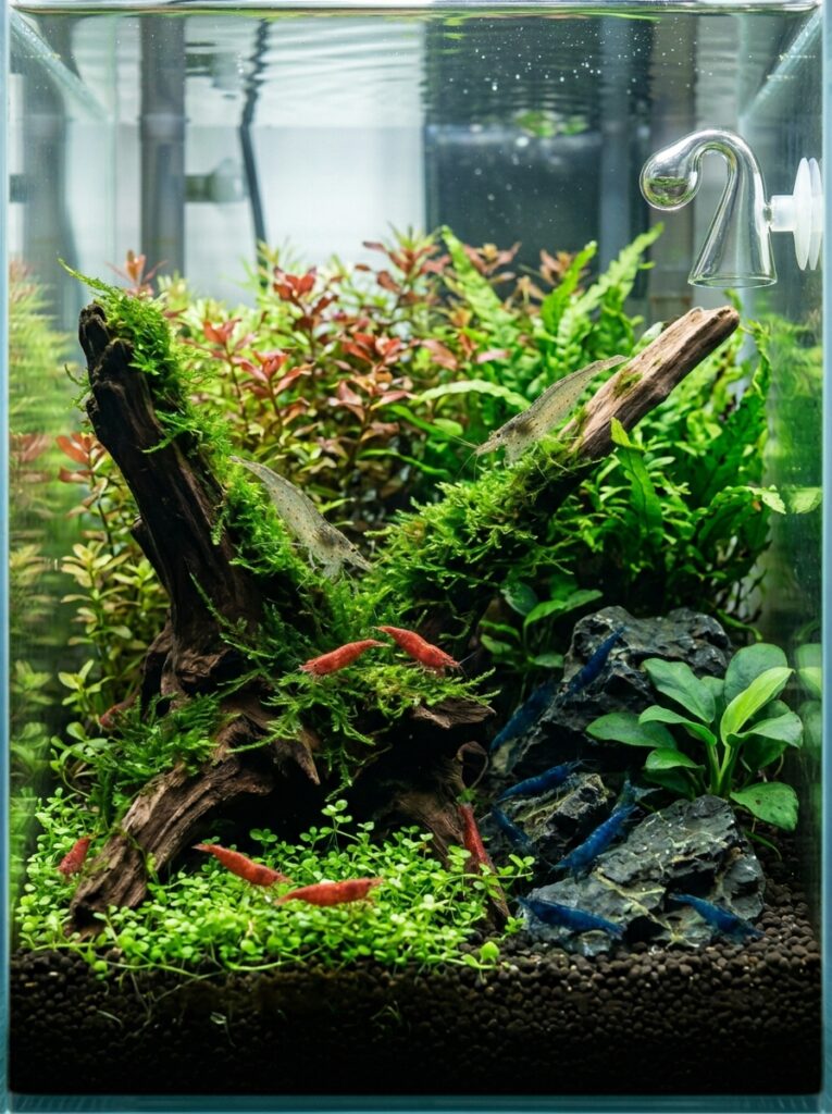 Multiple shrimp species peacefully sharing a planted aquarium