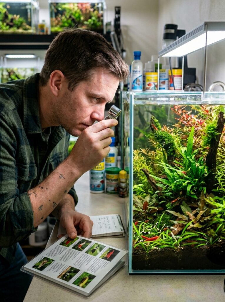 Aquarium hobbyist comparing shrimp species for a nano tank