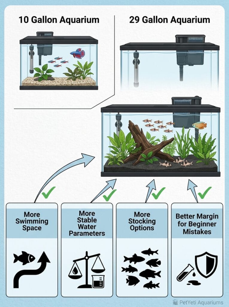 Comparison between a 10 gallon aquarium and a 29 gallon aquarium