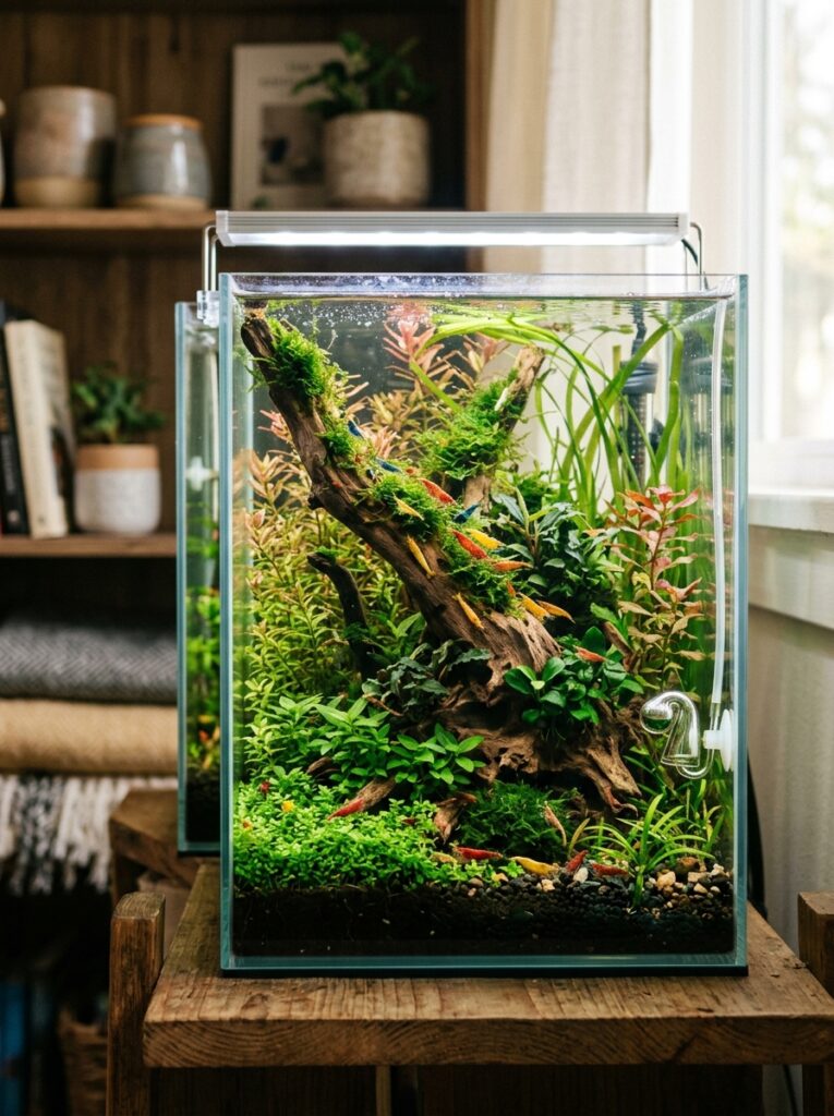 Thriving shrimp colony in a planted freshwater nano aquarium