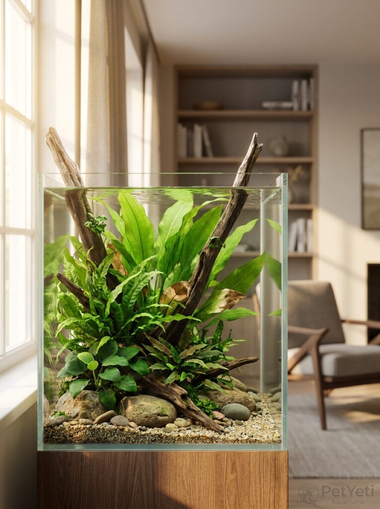 Healthy aquarium plants with a few brown leaves growing in a beginner-friendly planted freshwater aquarium.