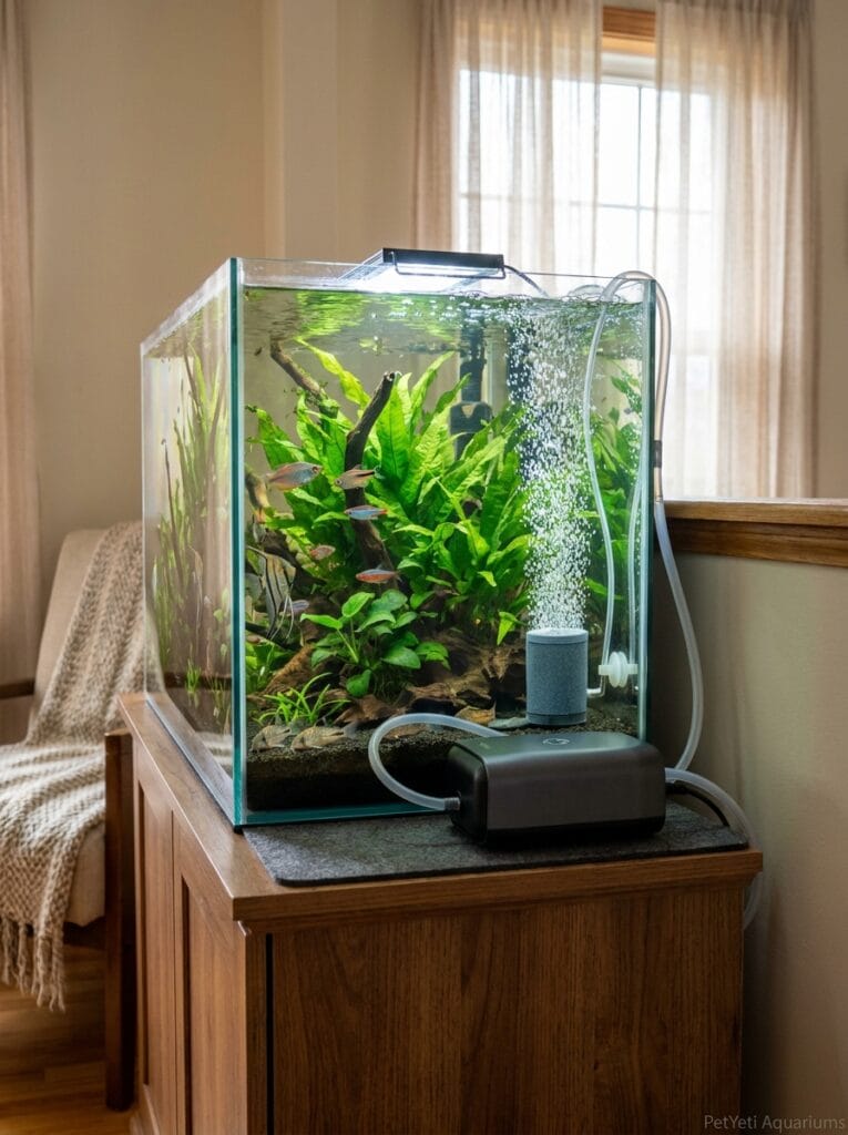 Best aquarium air pumps for beginners creating gentle bubbles in a small planted aquarium
