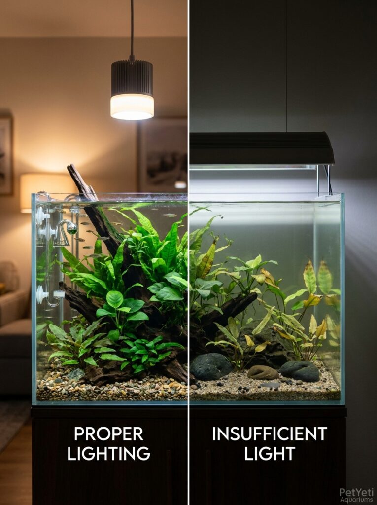 Aquarium plants showing healthier growth under proper lighting compared to plants growing in a shaded area.