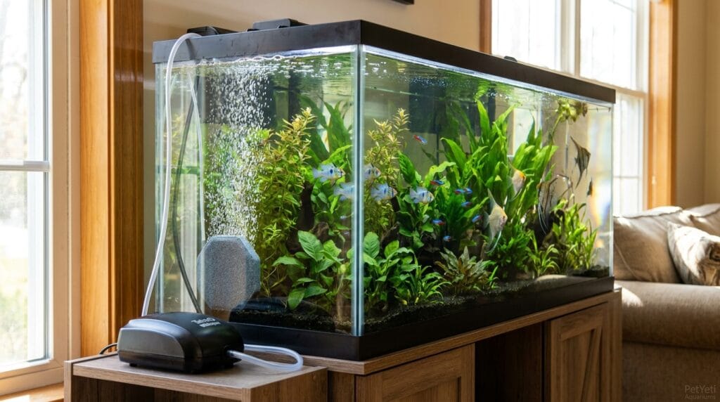 Best aquarium air pumps for beginners creating gentle bubbles in a small planted aquarium