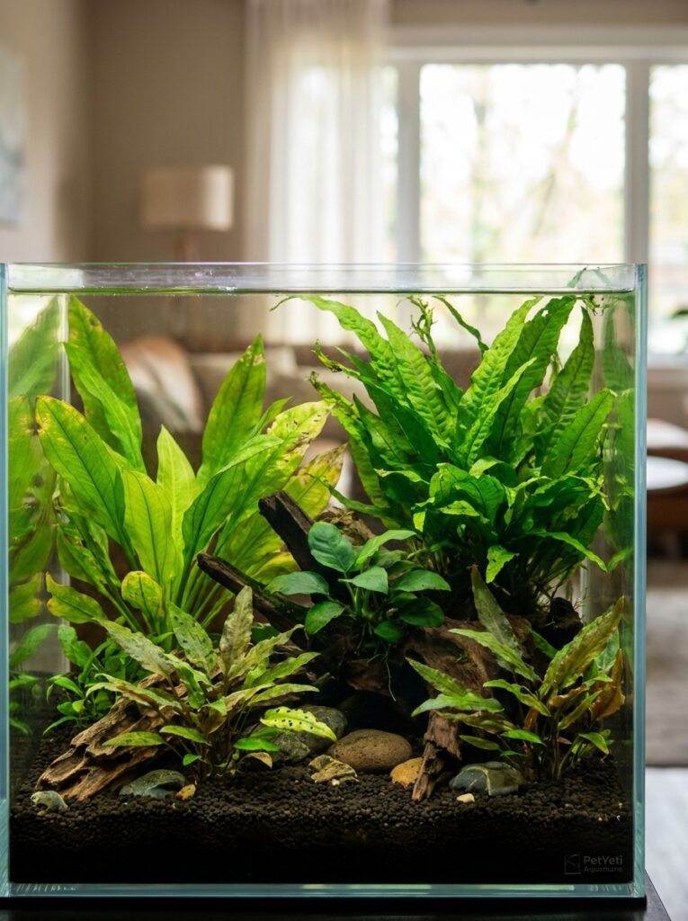 Aquarium plants displaying healthy green growth alongside older leaves showing signs of nutrient deficiency.