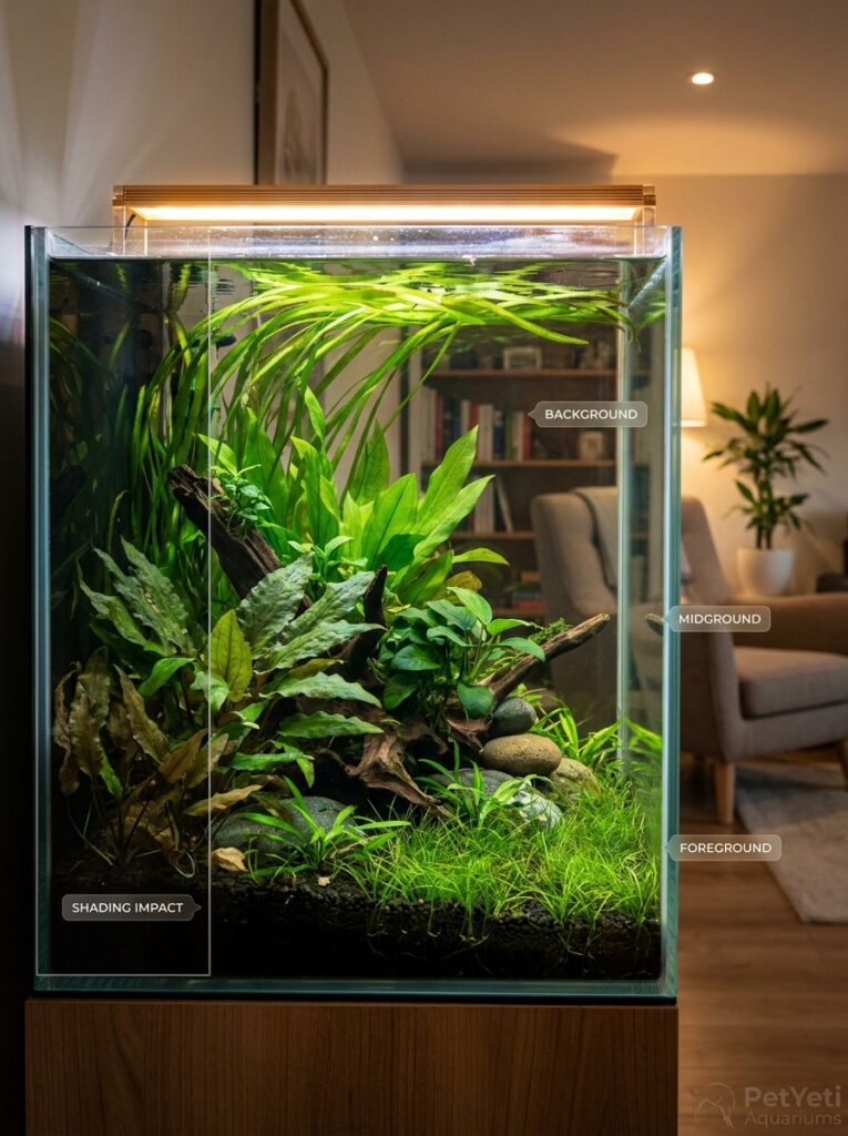 Well-planned planted aquarium showing different plant sizes growing in suitable locations throughout the tank.