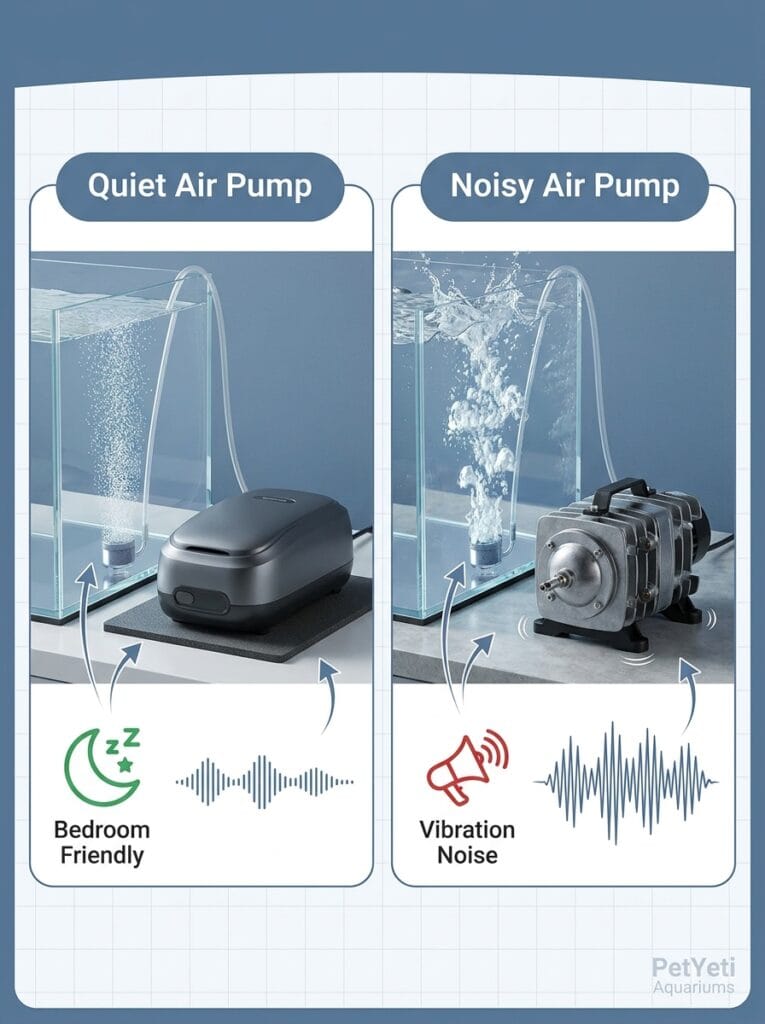 Comparison between quiet and noisy aquarium air pumps