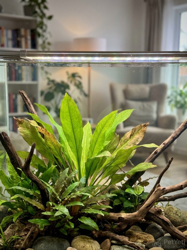 Healthy aquarium plant producing fresh green leaves while older outer leaves naturally age and fade.