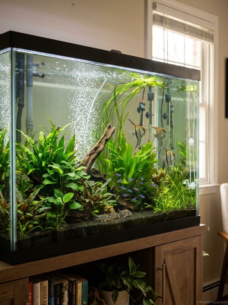 Aquarium air stone producing fine bubbles in a planted freshwater aquarium