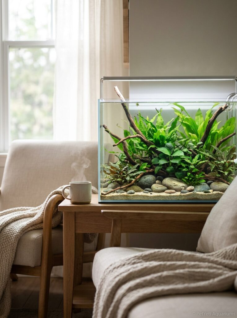Thriving planted freshwater aquarium with healthy green plants and balanced aquascaping.