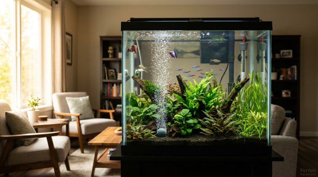 Aquarium air stone producing fine bubbles in a planted freshwater aquarium