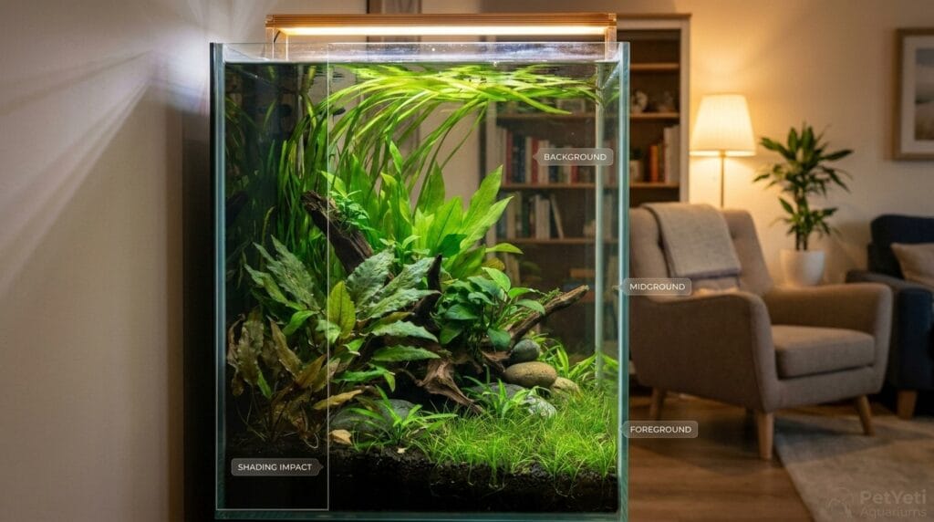 Healthy aquarium plants with a few brown leaves growing in a beginner-friendly planted freshwater aquarium.