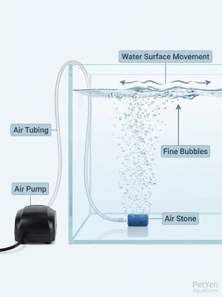 Components of a basic aquarium air stone setup