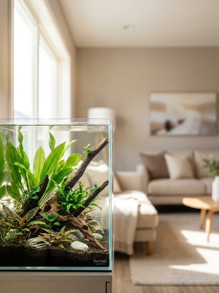 Healthy planted aquarium with Anubias, Java Fern, Cryptocoryne, and Amazon Sword showing slow but healthy growth