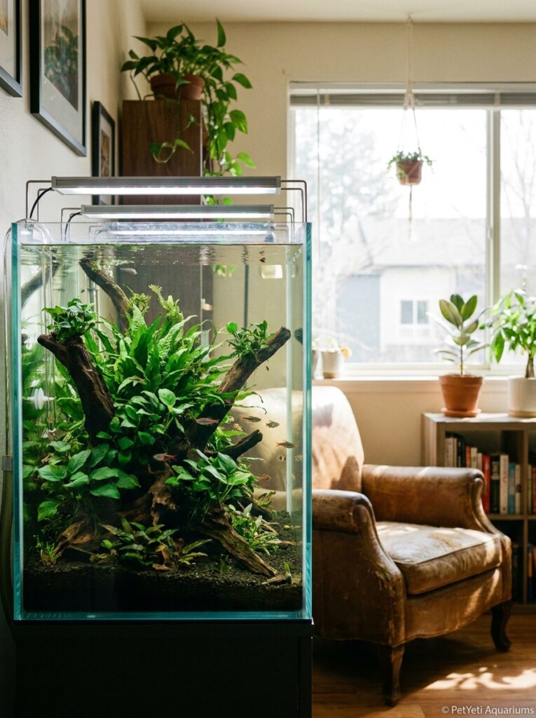 Anubias and Java Fern growing slowly under moderate aquarium lighting in a freshwater tank.