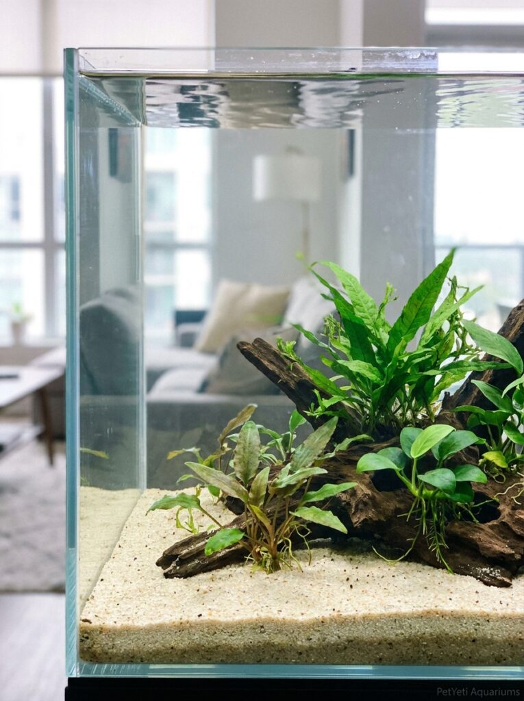 Recently planted freshwater aquarium with small healthy Cryptocoryne and Java Fern plants adjusting to a new environment.