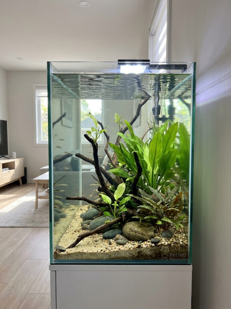 Amazon Sword producing fresh new leaves in a healthy planted aquarium after improved plant nutrition.