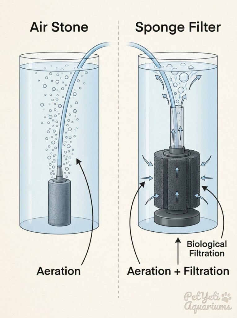 Comparison between an aquarium air stone and sponge filter