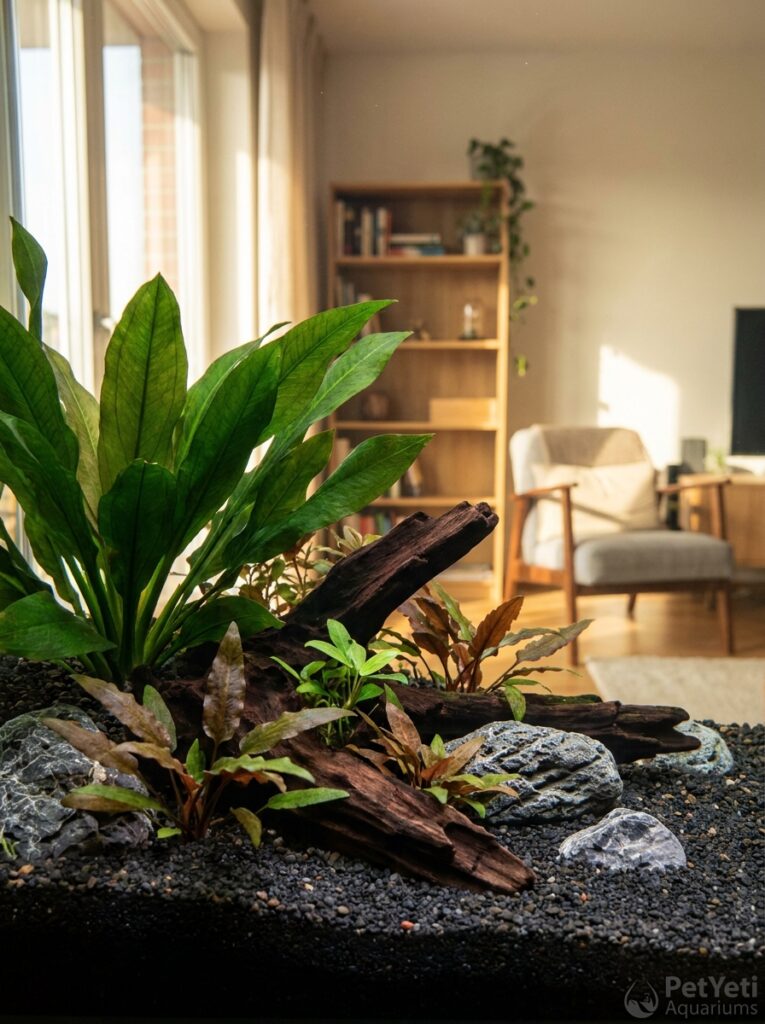 Healthy root-feeding aquarium plants growing in nutrient-rich substrate within a planted freshwater aquarium.
