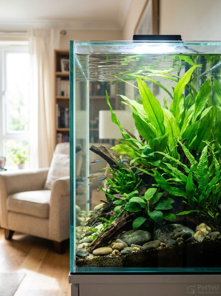 Healthy planted aquarium with stable water conditions and vibrant green aquatic plants.
