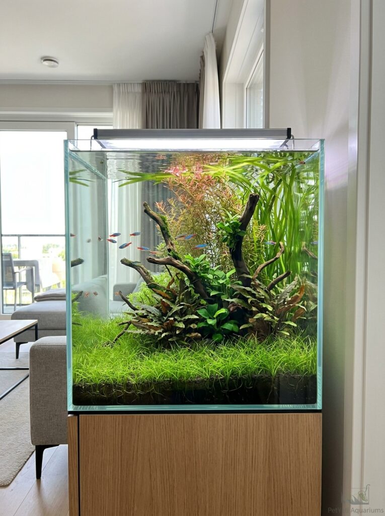 Well-balanced planted aquarium with proper spacing between foreground and background plants.