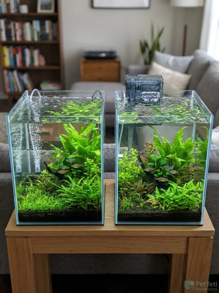 Comparison of an aquarium using an air stone and an aquarium using filter surface agitation.