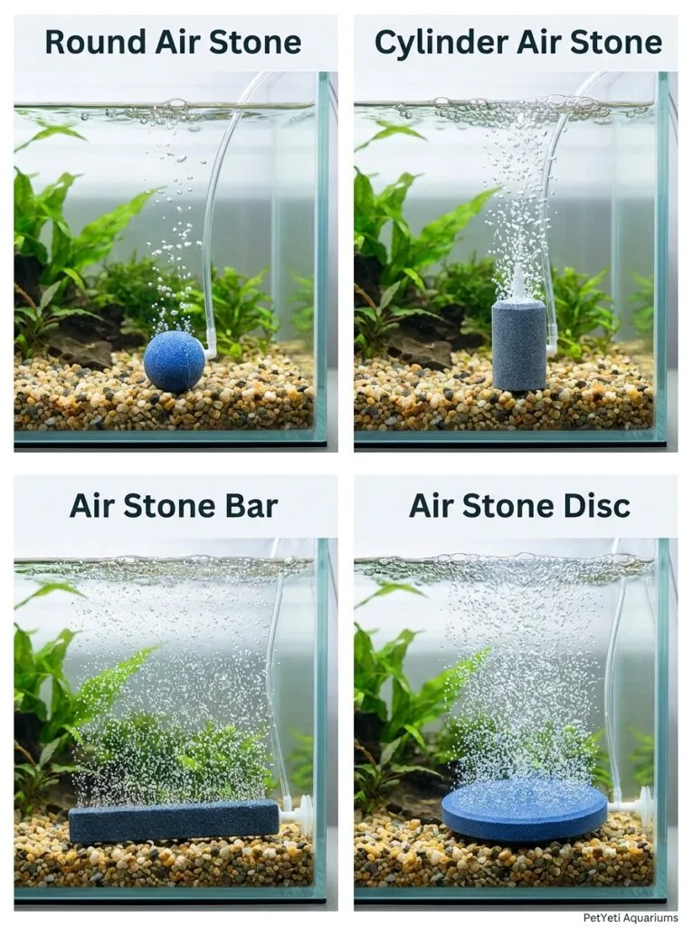 Comparison of common aquarium air stone shapes for beginners.