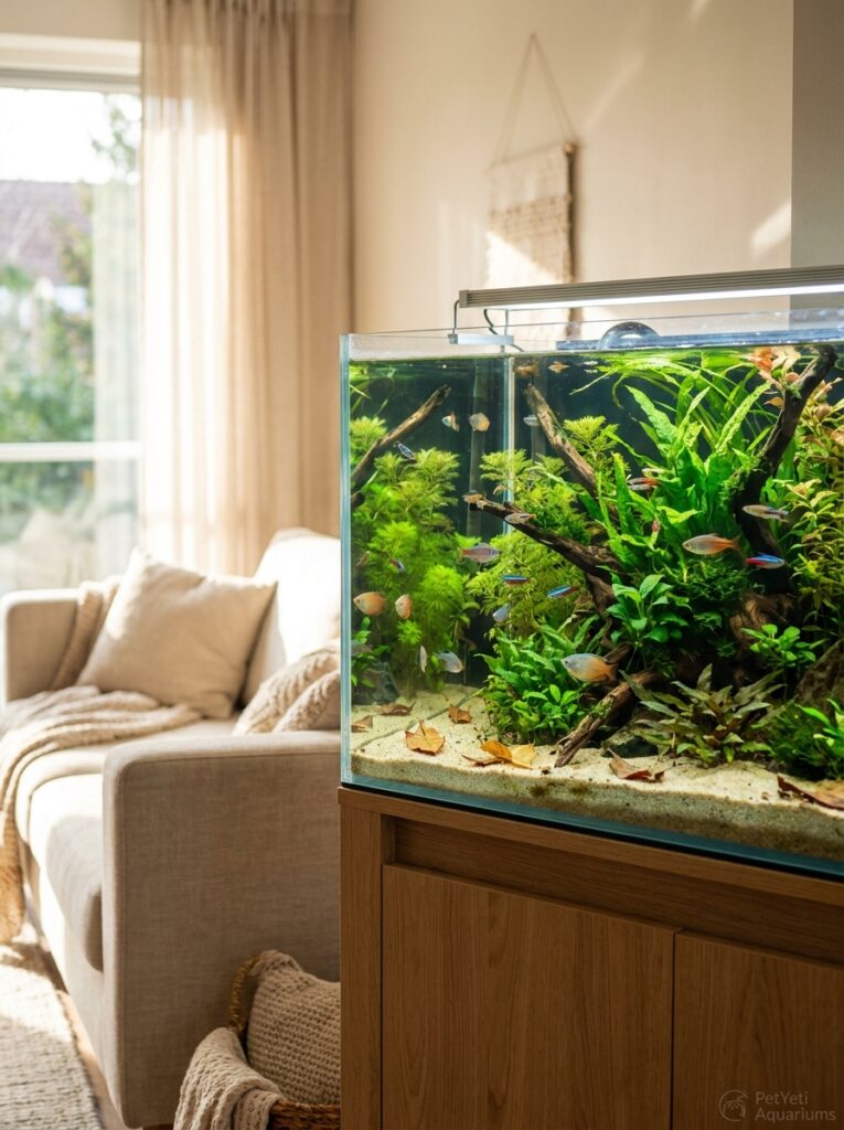 Healthy freshwater aquarium in a modern living room with a small amount of organic debris near the substrate.