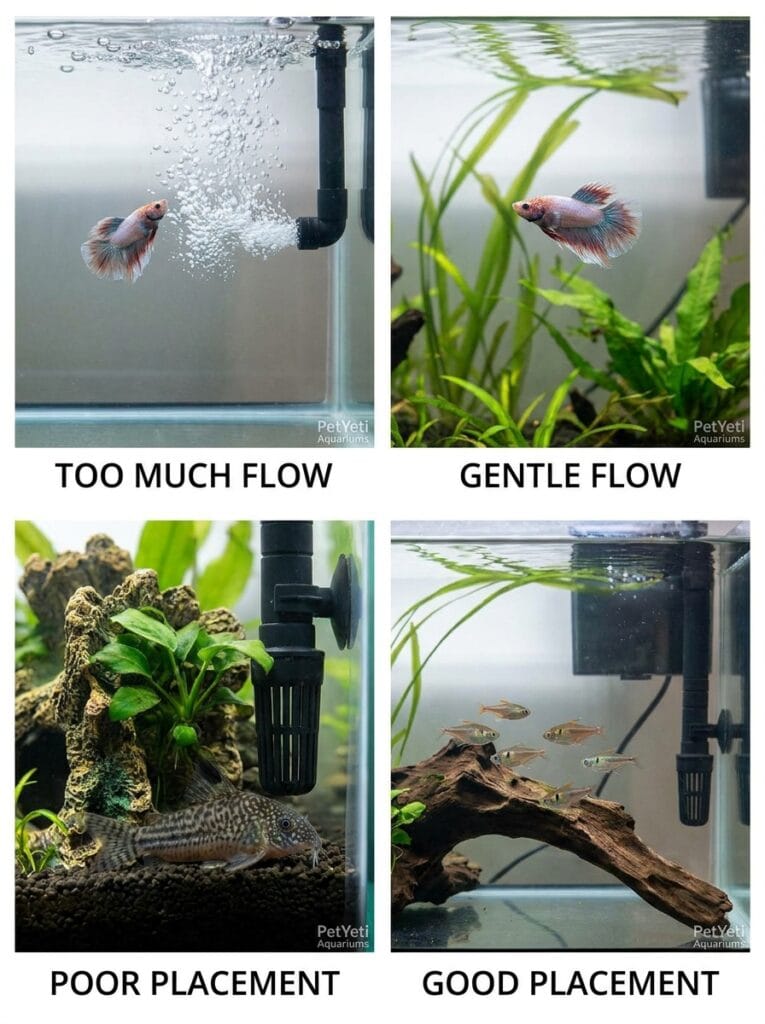 Examples of proper and improper aquarium air stone use.