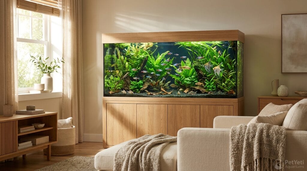 Aquarium water smell caused by organic debris in a healthy freshwater aquarium.