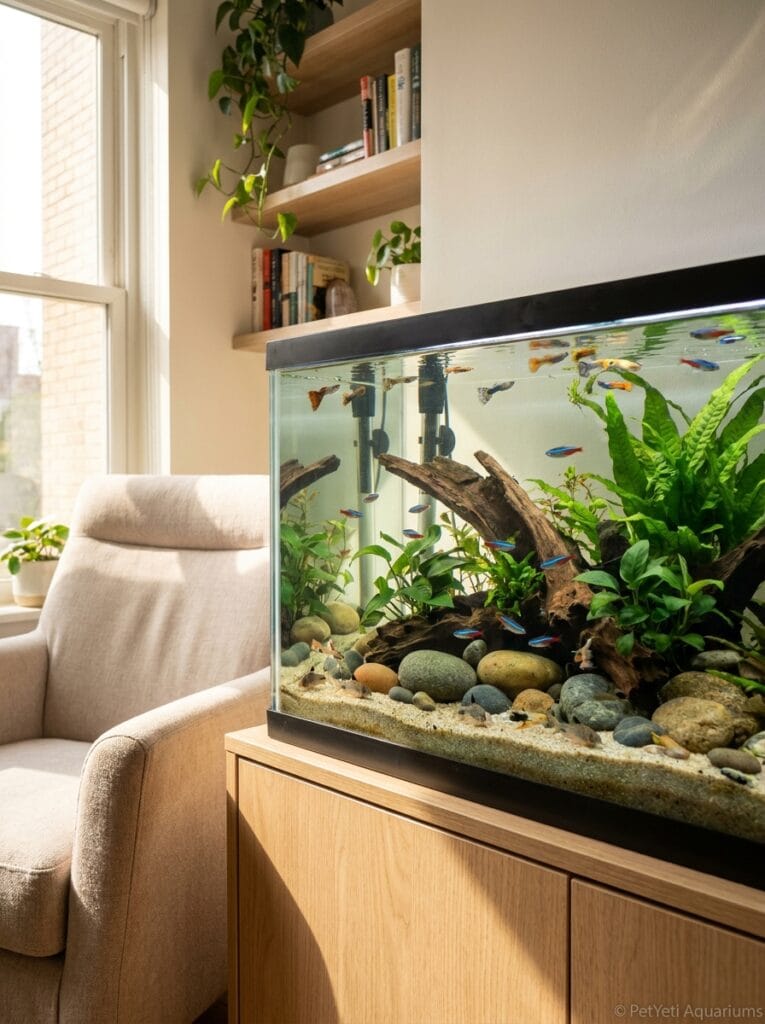 Healthy beginner aquarium with comfortable fish stocking in a modern home setting.