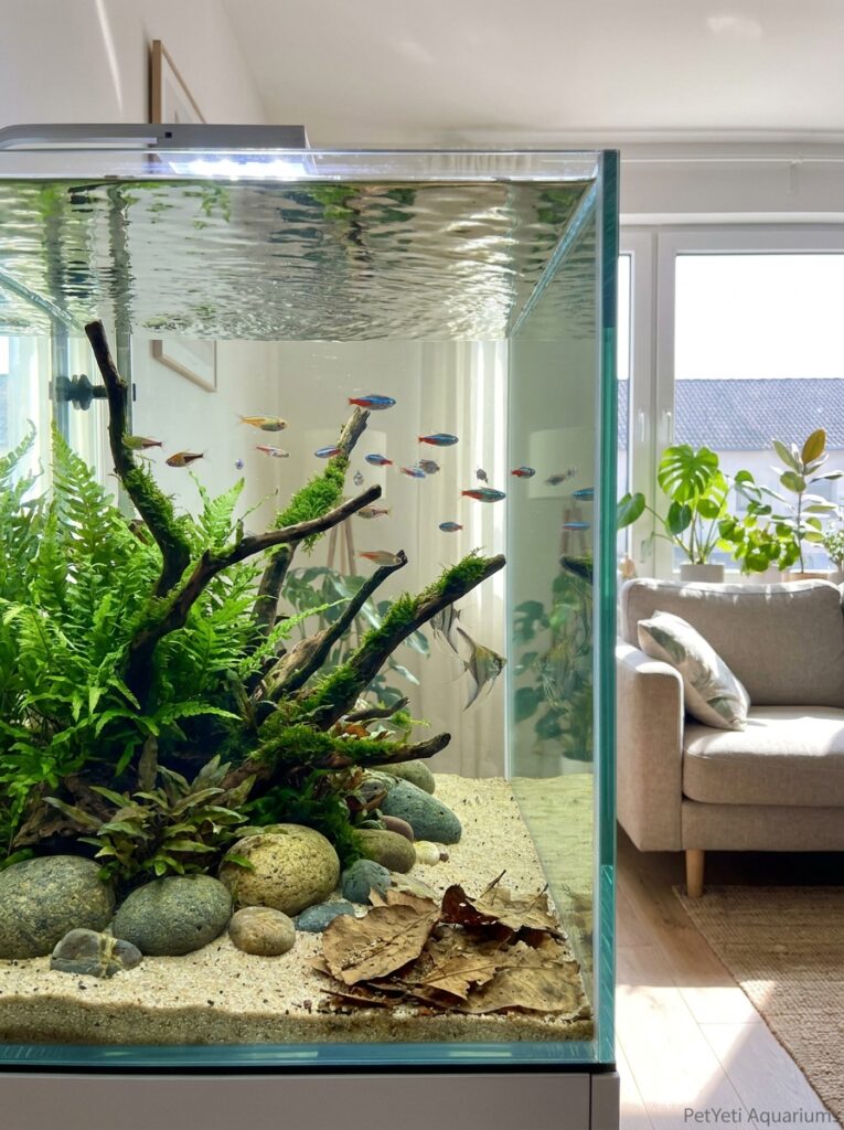 Freshwater aquarium with healthy fish and minor organic debris visible near the substrate.