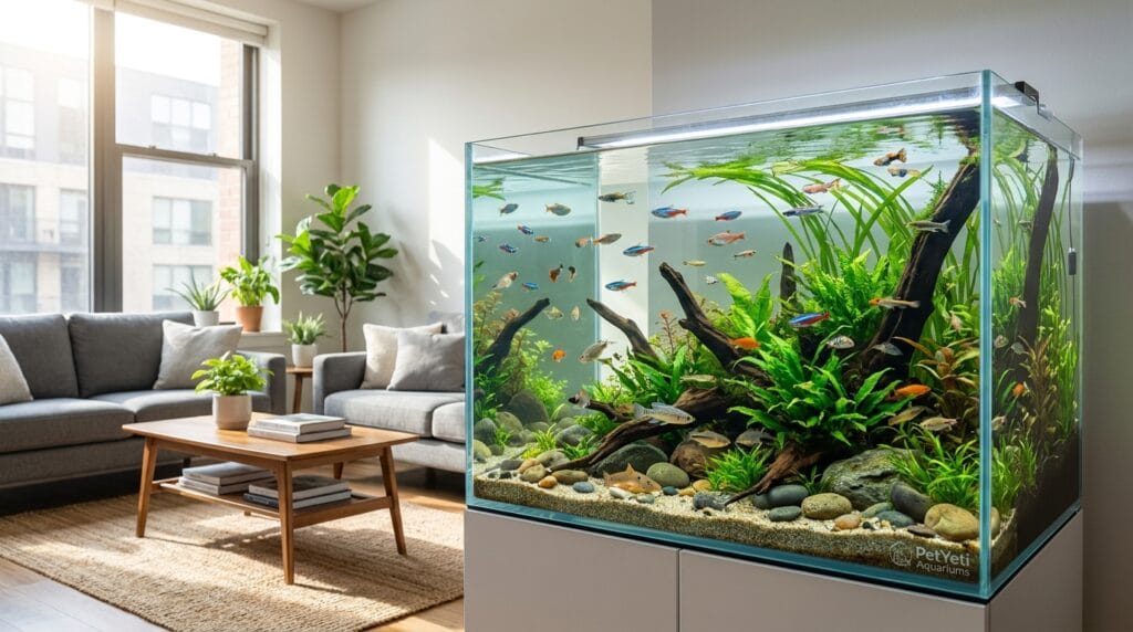 Healthy beginner aquarium with comfortable fish stocking in a modern home setting.