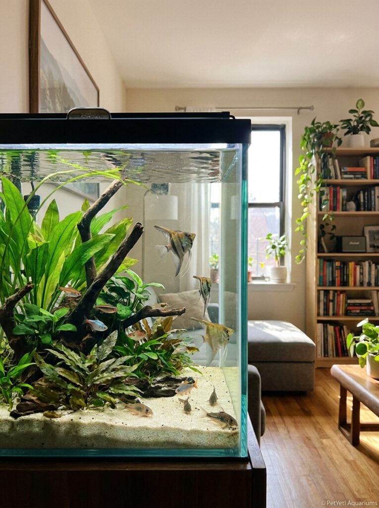 Healthy aquarium fish feeding in a clean planted freshwater aquarium.
