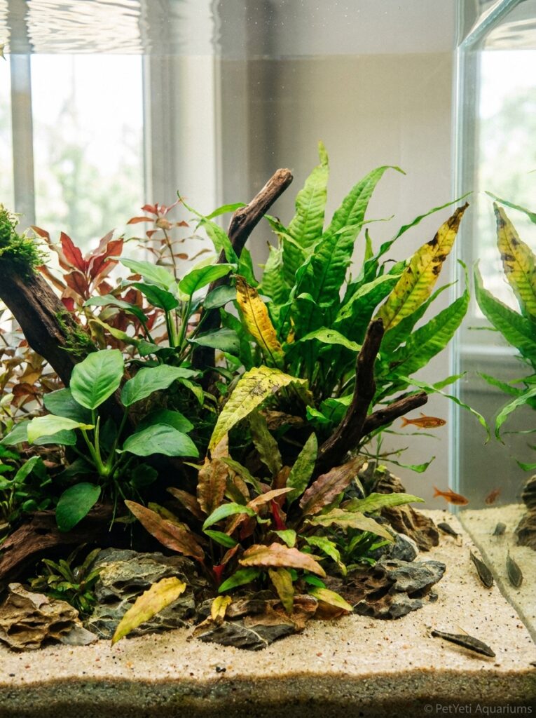 Planted aquarium with healthy aquatic plants and a few naturally aging leaves.