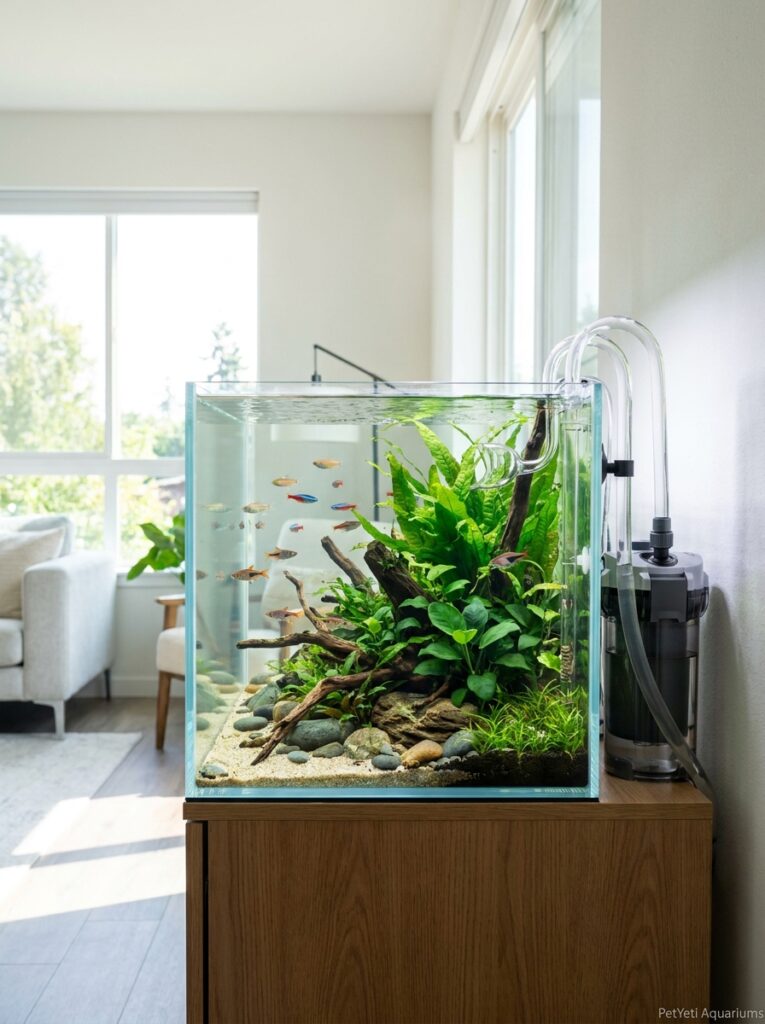 Clean freshwater aquarium showing healthy fish, thriving plants, and the results of proper filter maintenance.