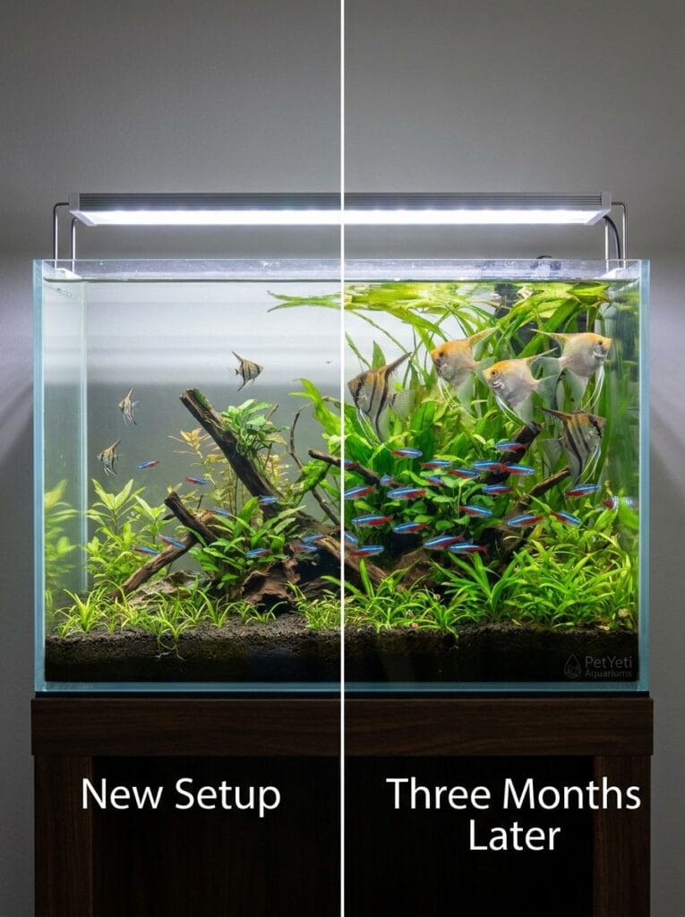 Comparison showing fish growth changing aquarium stocking over time