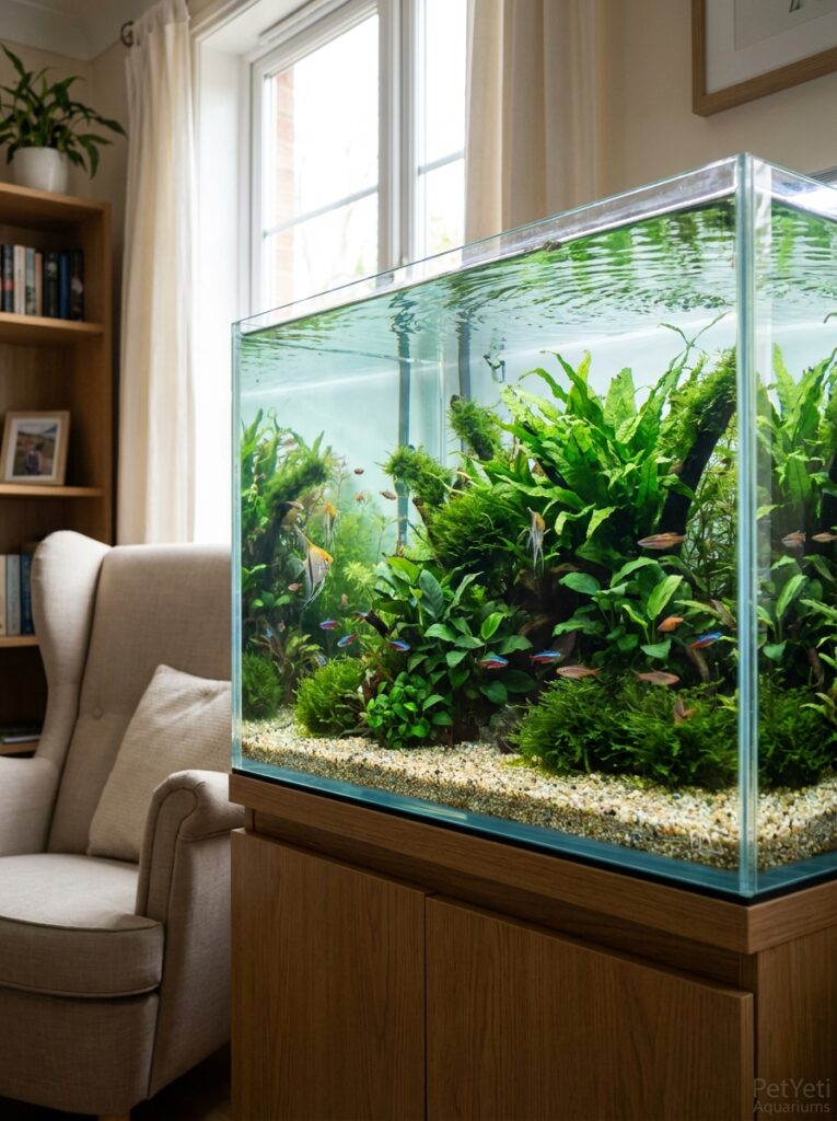 Balanced planted aquarium with clear water and healthy circulation throughout the tank.