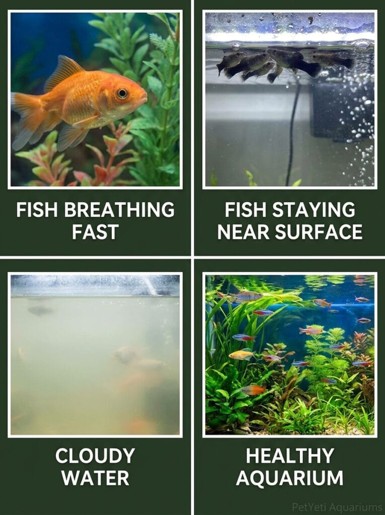 Common signs of aquarium overstocking compared with healthy conditions