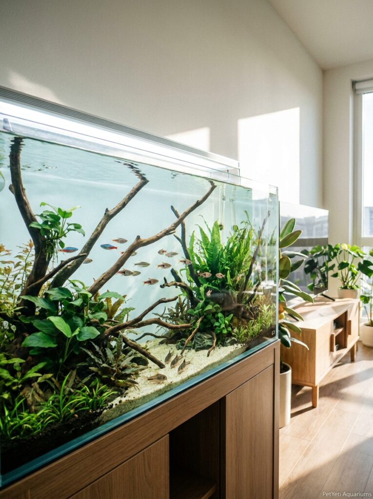 Peaceful community aquarium with appropriate fish stocking and healthy aquatic plants.