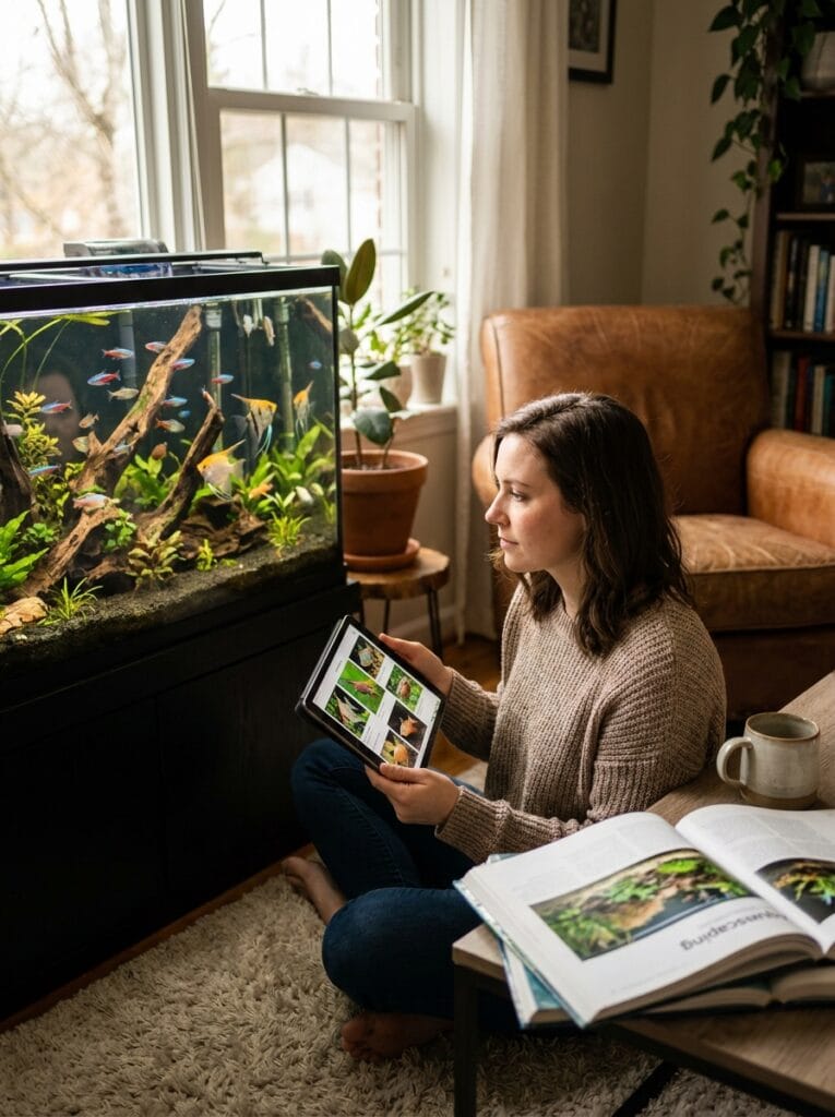 Aquarium owner planning fish stocking in a modern home aquarium