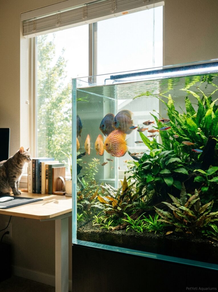 Freshwater aquarium with crystal-clear water and thriving plants after routine maintenance.