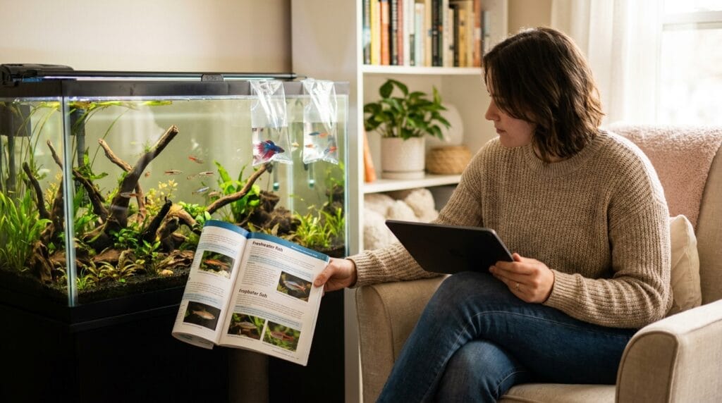 Aquarium owner planning fish stocking in a modern home aquarium