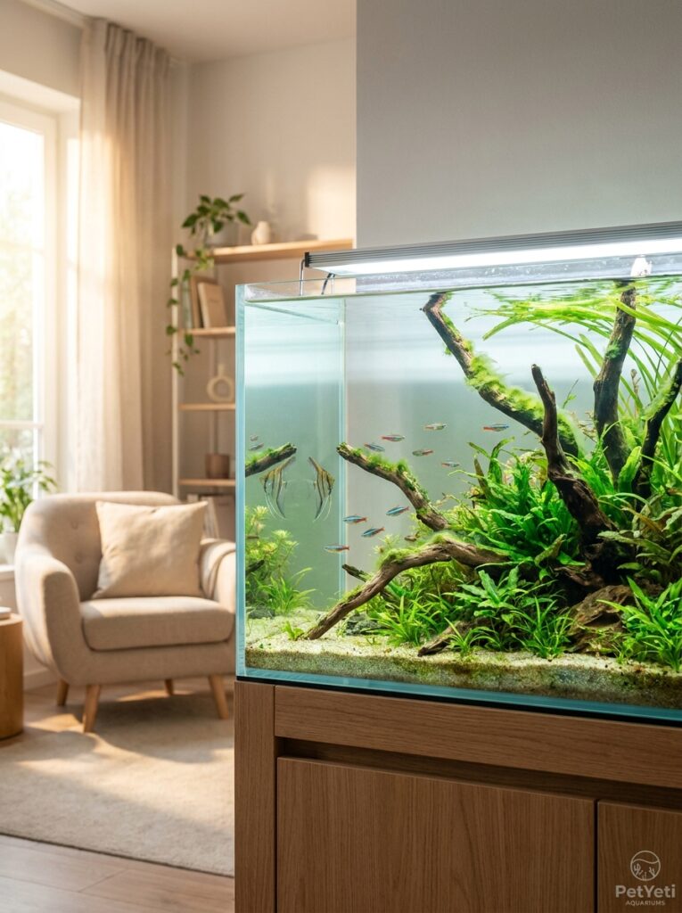 Healthy planted aquarium with a light layer of green algae visible on a few surfaces in a modern home.