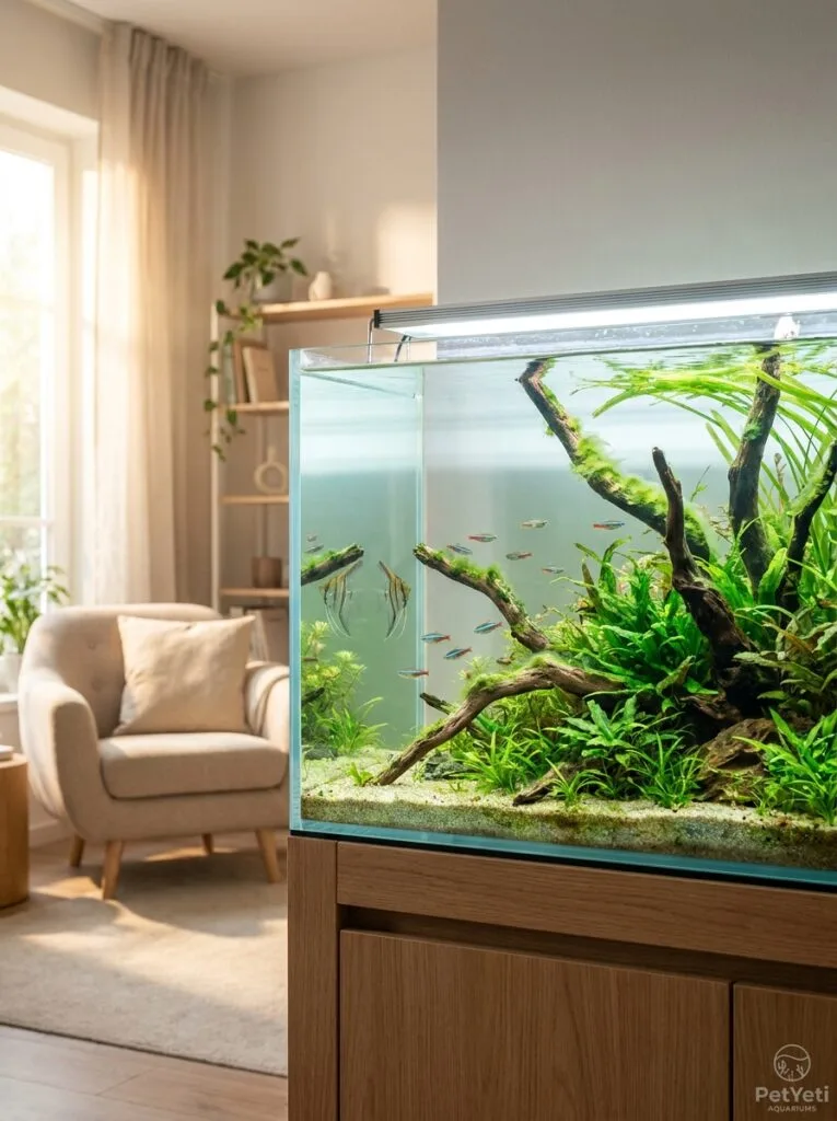 Algae growing fast in aquarium with green buildup on glass and plants.