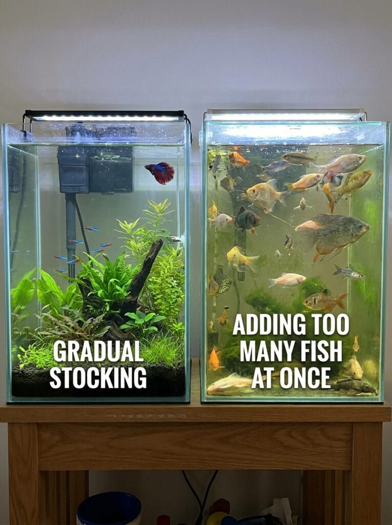 Comparison showing gradual fish stocking versus adding too many fish immediately