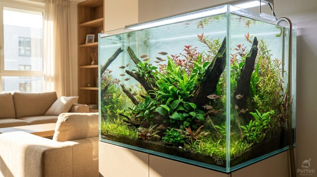 Algae growing fast in aquarium with green buildup on glass and plants.